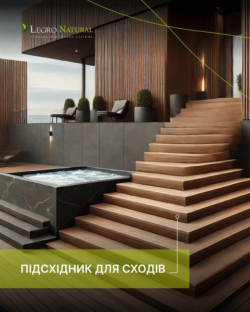 Новинка — універсальний профіль AS180 для терасної та фасадної системи Legro Natural, Підступок для сходів