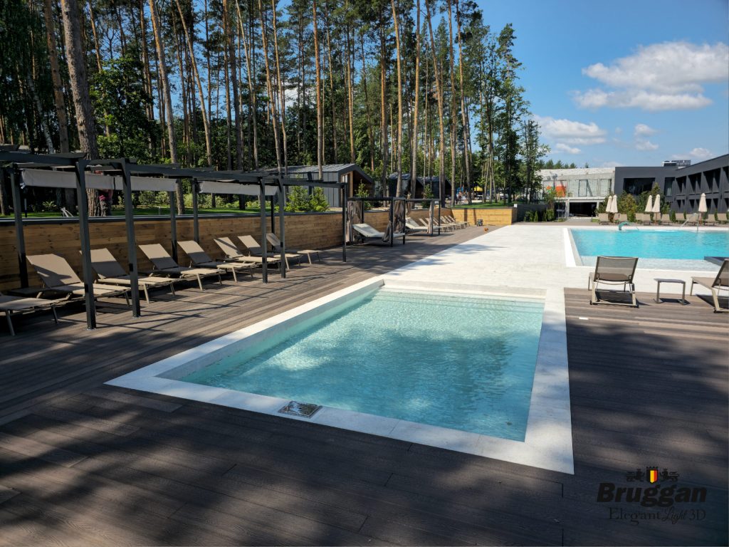 The most popular colours of Bruggan decking. Wine brown, Hotel Riverwood Relax Park