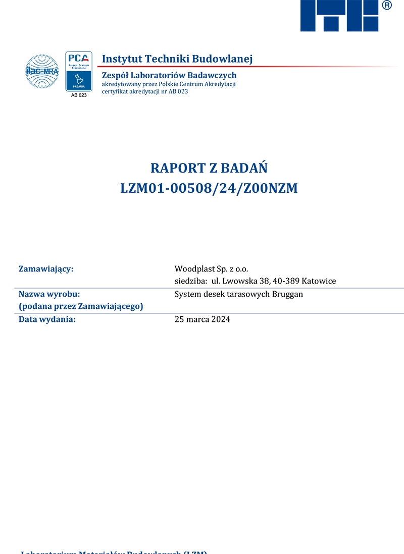ITB Raport z Badań LZM01-00508/24/Z00NZM System desek tarasowych Bruggan