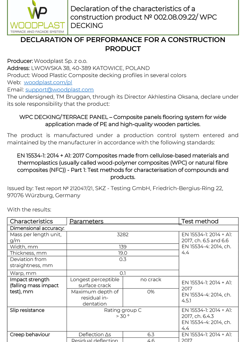 Declaration of performance for a construction product TM Bruggan
