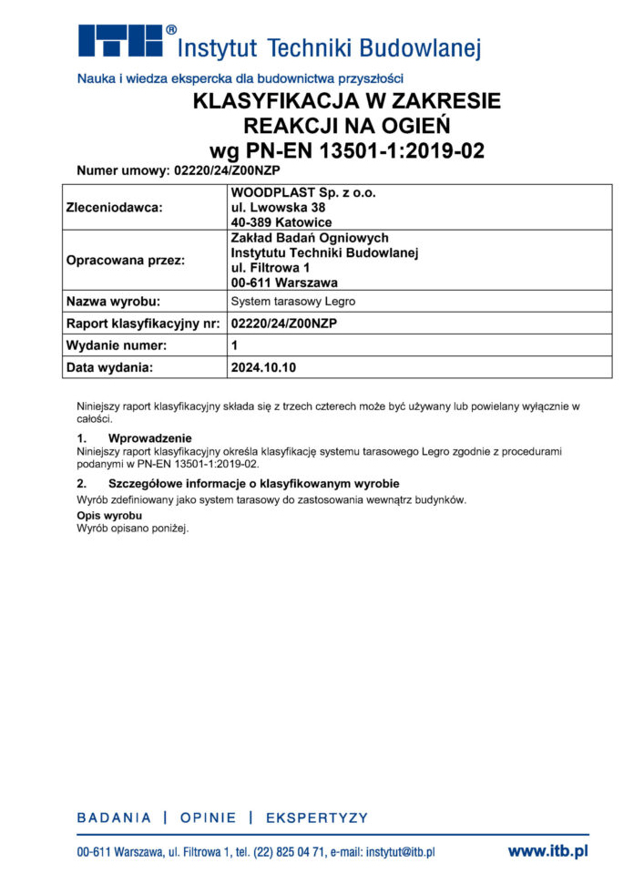 Классификация с точки зрения реакции на огонь - террасные системы Legro