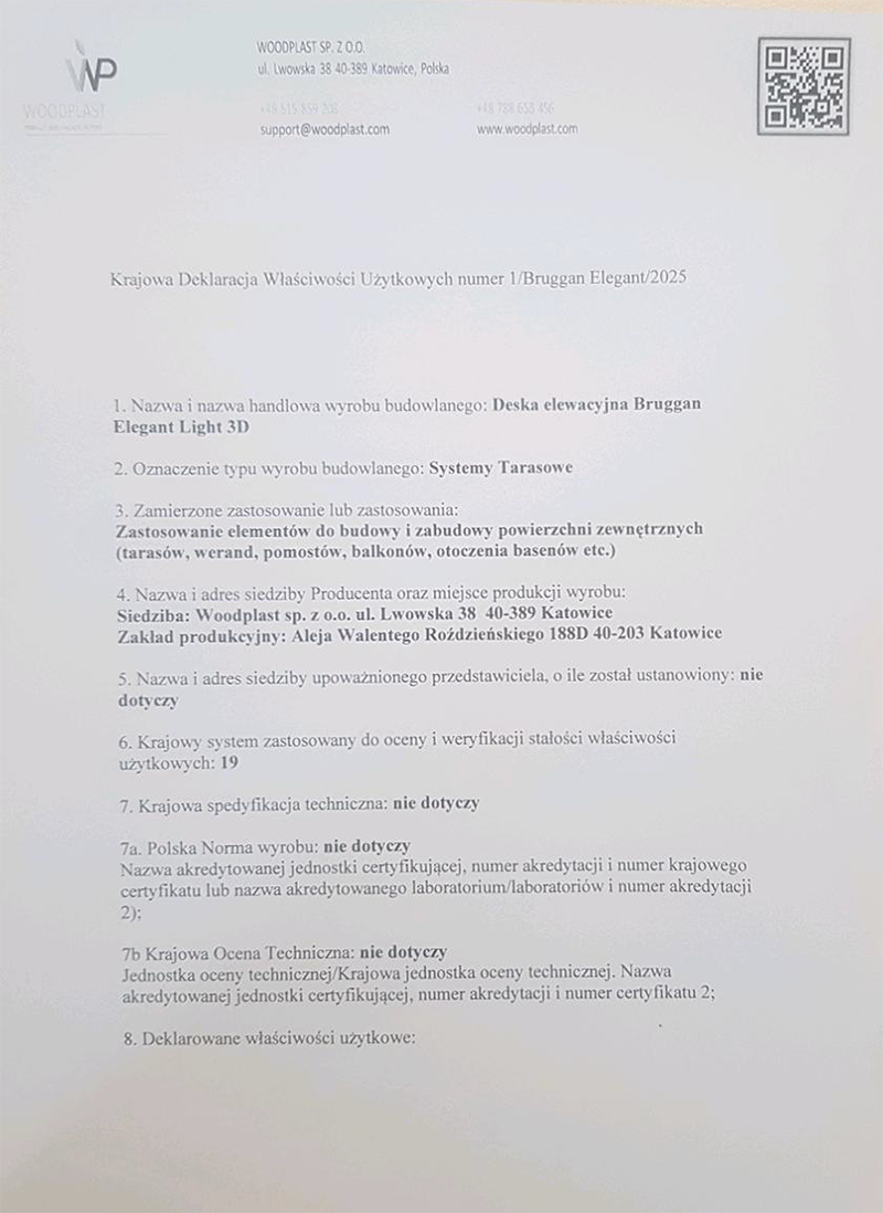 Krajowa Deklaracja Właściwości Użytkowych numer 1 Bruggan Elegant 2025