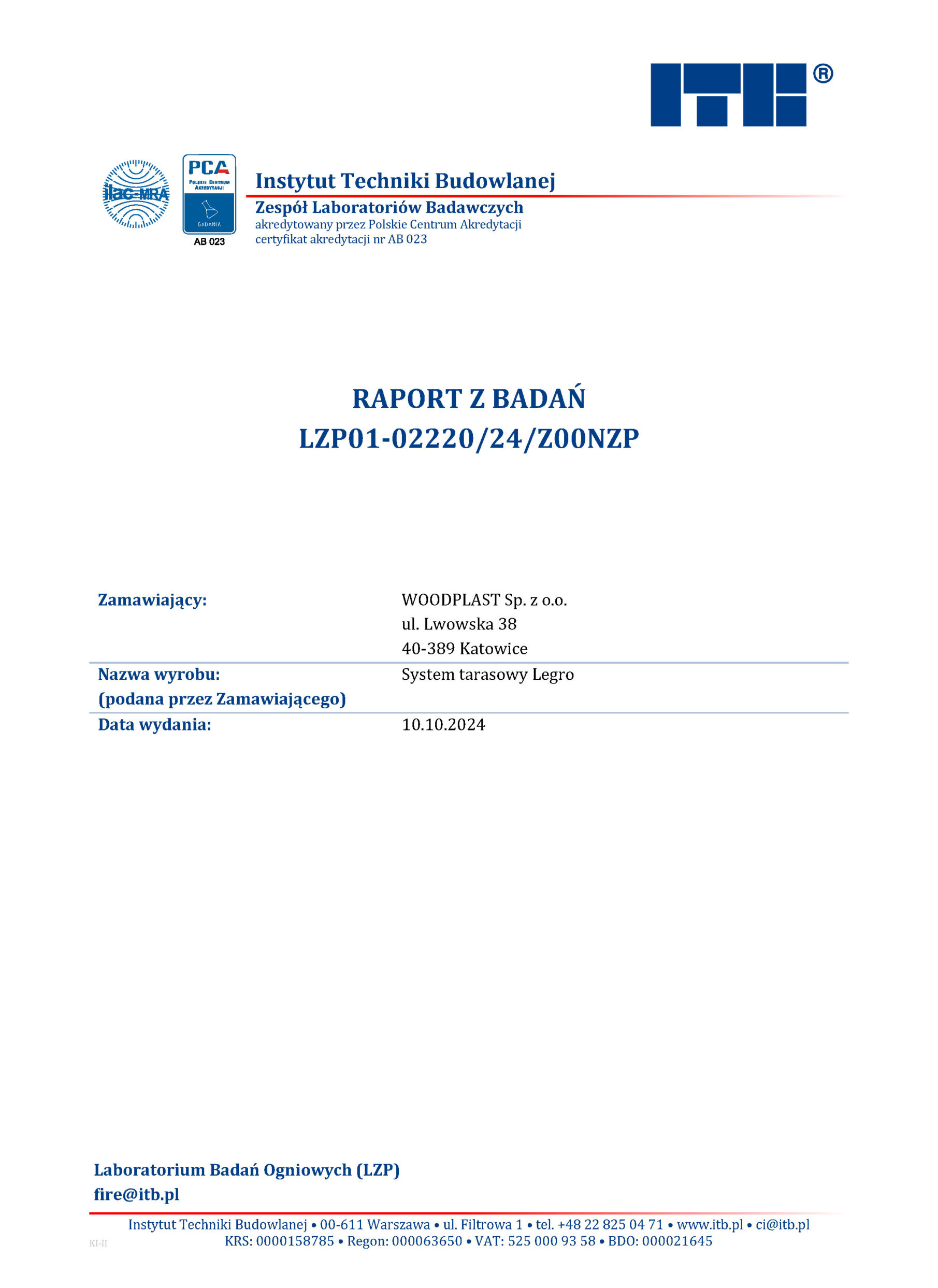 Отчет об исследовании LZP01 02220 24 Z00NZP классификация пожаробезопасности Террасной системы Legro