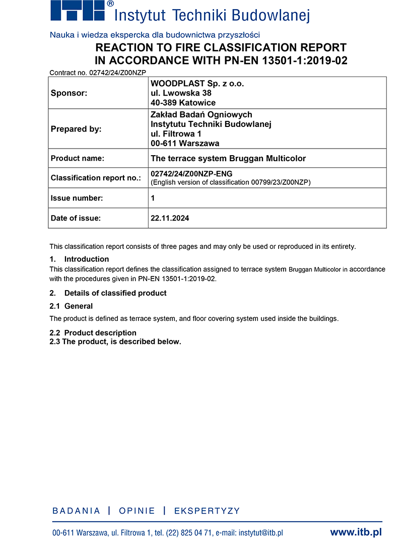 Reaction to fire classification report in accordance with PN-EN 13501-1:2019-02 02742/24/Z00NZP Bruggan Multicolor