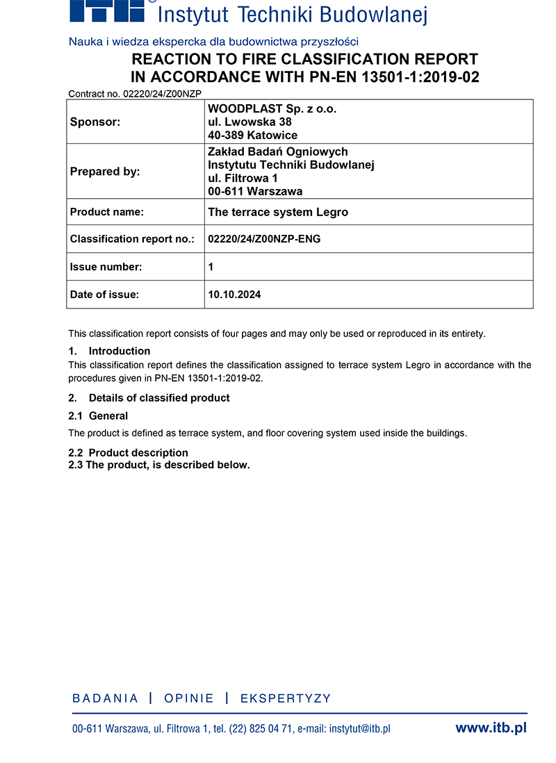 Reaction to fire classification report in accordance with PN-EN 13501-1:2019-02 02220/24 Legro