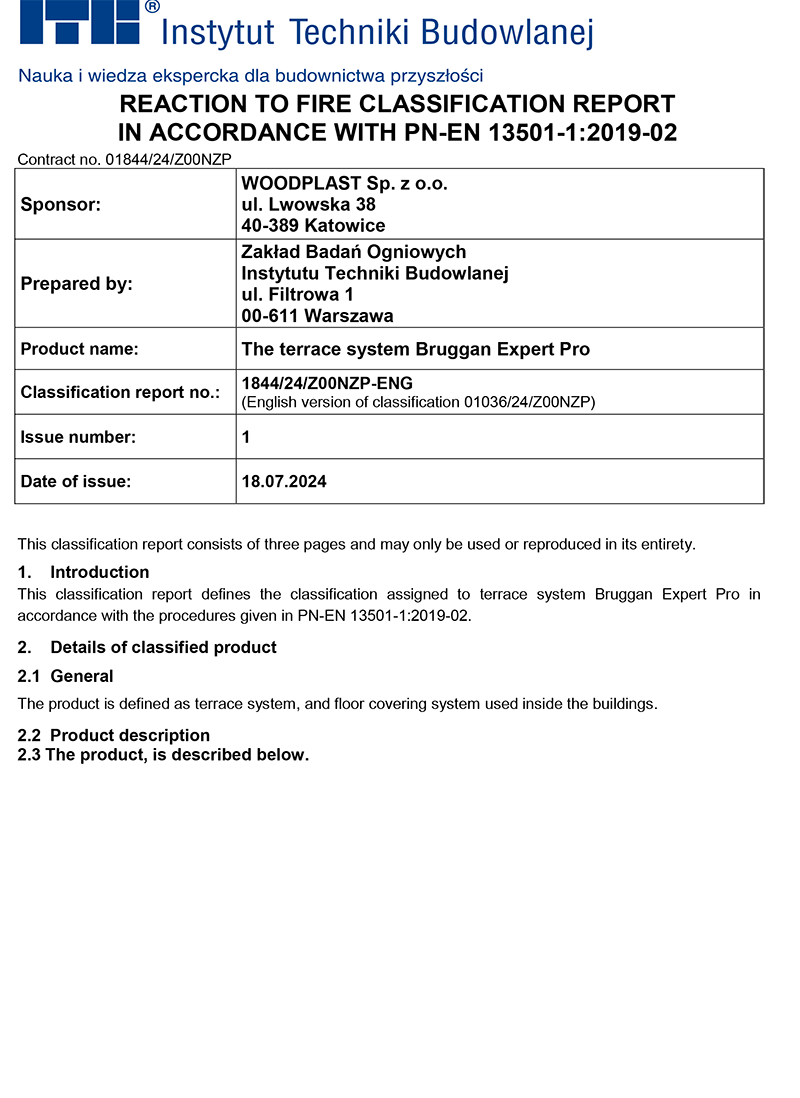 Reaction to fire classification report in accordance with PN-EN 13501-1:2019-02 1844/24 Expert Pro