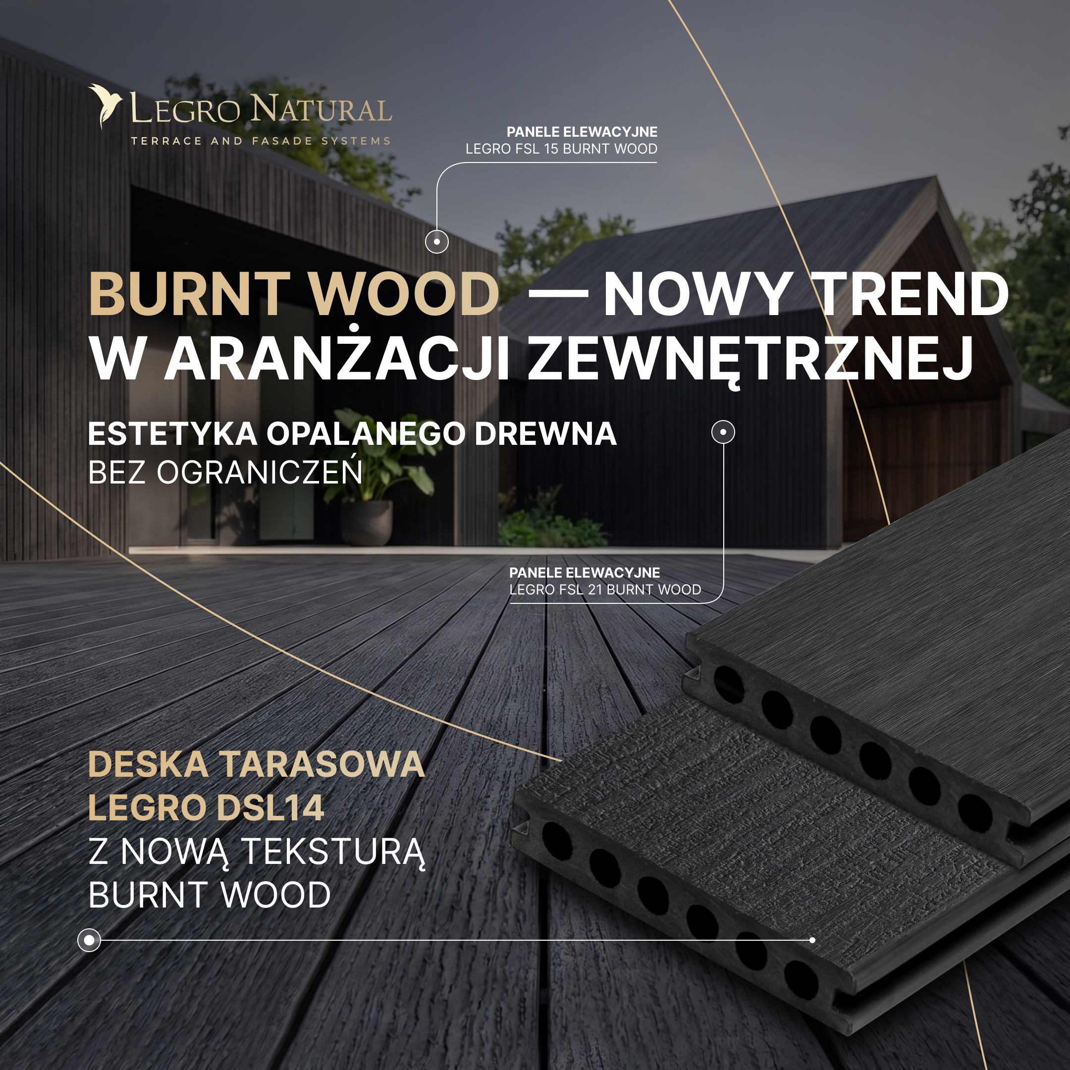 Hero banner advertising burnt wood decking with large Polish headline and Legro Natural logo on a modern wooden building exterior.