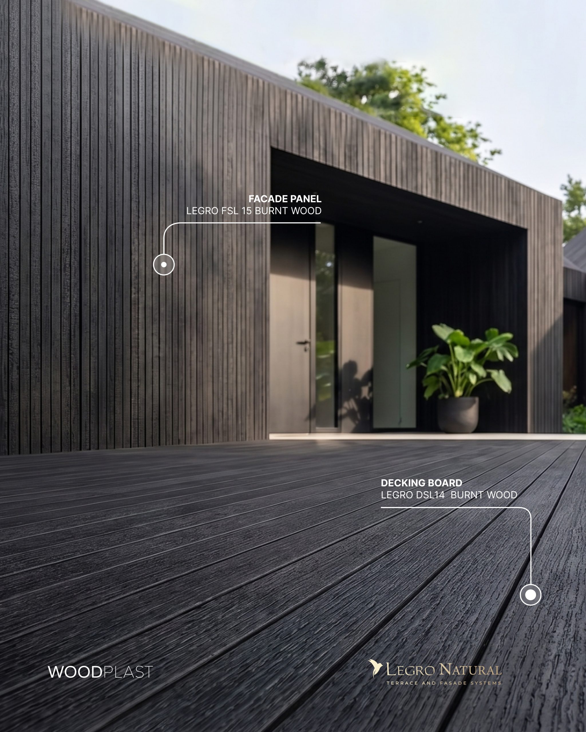 Modern home exterior featuring vertical burnt-wood cladding and a front deck, labeled with Legro Facade Panel and Decking Board products.